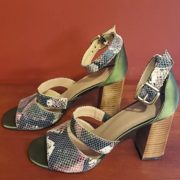 Anthropologie| Snake Embossed Olive Satin Heeled Sandal- size 9