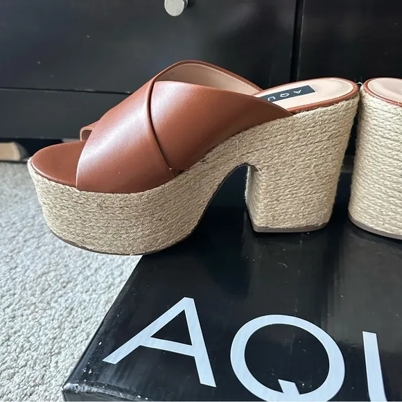 AQUA JULY LEATHER ESPADRILLE PLATFORM HEEL SANDALS