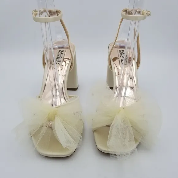 Badgley Mischka Tess Block Heel Sandals with Poof Tulle Bows, Ivory, Women's 7.5