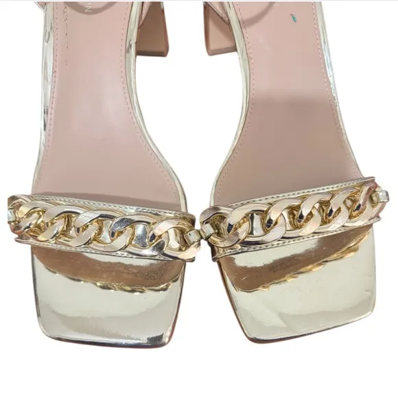 BCBGeneration Women's Finda Gold Strappy Block Heel Chain Sandals Sz 10