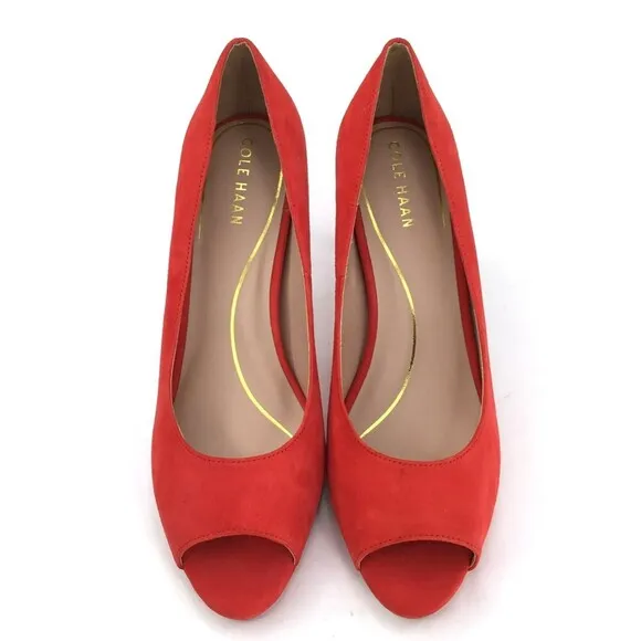 Cole Haan Shoes Heels Women's sz 10 Drado Peep Toe Platform Pumps Red Suede NEW