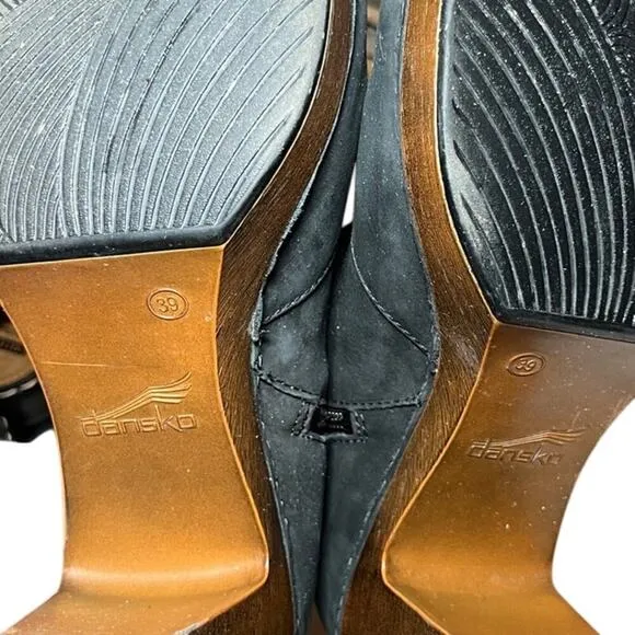 Dansko Delphina 39 Black Nubuck Peep Toe 2 inch Block Heel Side Cut Out