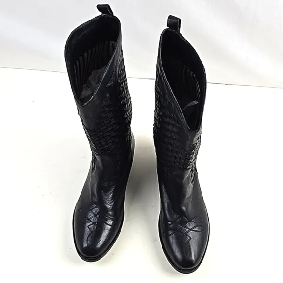 Farylrobin Black Basketweave Leather Mid Calf Western Boho Cowboy Boot