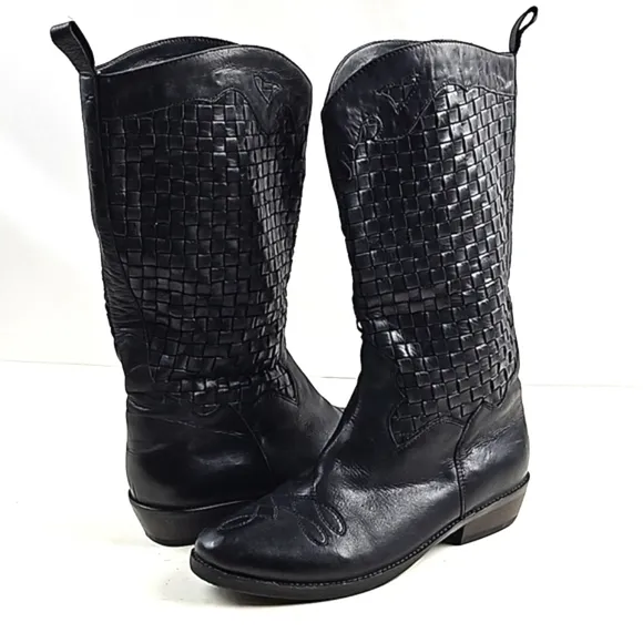 Farylrobin Black Basketweave Leather Mid Calf Western Boho Cowboy Boot