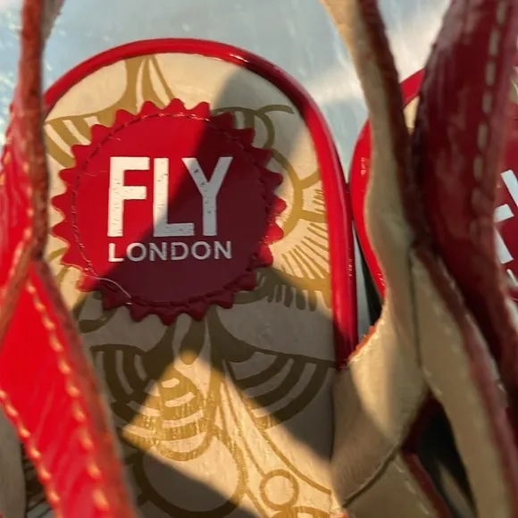 Fly London Red Patent Leather Lace Up Wedges Sandals