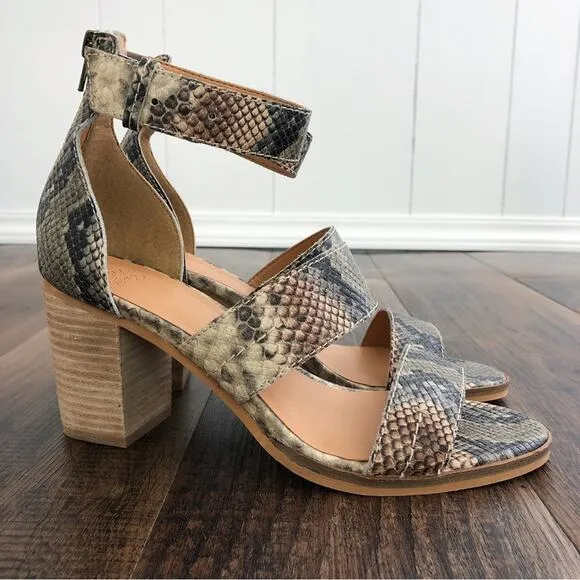 Frye &amp; Co Strappy Leather Block Heel Sandal Neutral Snakeskin Taupe Size 8.5