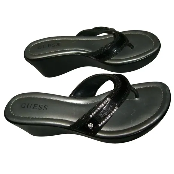 Guess Wedges Vintage y2k Black Glitter Thong Logo Rhinestone Bling Sandals Bratz