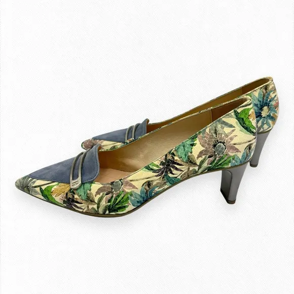Hispanitas Floral Heel Pump Shoes Periwinckle Blue Silver Pointed Toe Size 8.5