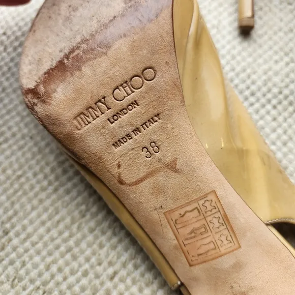 Jimmy Choo Beige Tan Patent Leather Sling Back High Heel Shoes 38 Italy Pumps