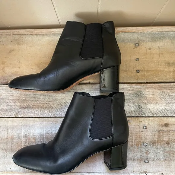 Kate Spade New York Leah Chelsea Block Heel Black Leather Ankle Booties Boots