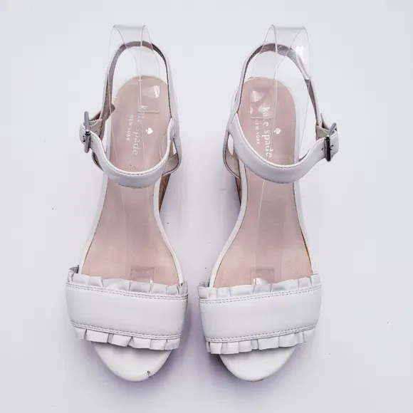 Kate Spade New York Tomas Ruffle White Leather Platform Wedge Sandal Size 9.5