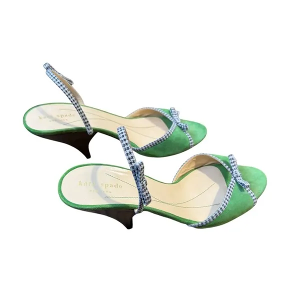 Kate Spade ✘ Vintage Green Suede Heels Houndstooth Bow Sandals Accent Italy, 9B
