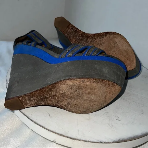 LAMB Nubuck Platform Wedge Sandals High Heel Grey Blue Suede Womens Size 8