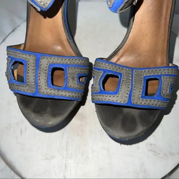 LAMB Nubuck Platform Wedge Sandals High Heel Grey Blue Suede Womens Size 8