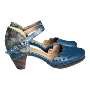 L'Artiste Parchelle Heels Perforated Blue Hand Painted Leather Womens Sz EU 40