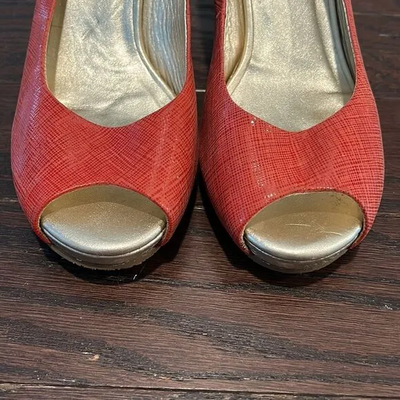 Lilly Pulitzer Sandals Leather Peep Toe Wedge Resort Chic Island Coral Gold Sz 9