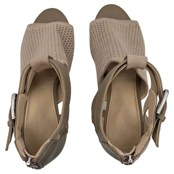 Marc Fisher Gabie Taupe Suede Leather Perforated Shootie Block Heel Sandals Sz 9