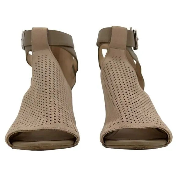 Marc Fisher Gabie Taupe Suede Leather Perforated Shootie Block Heel Sandals Sz 9