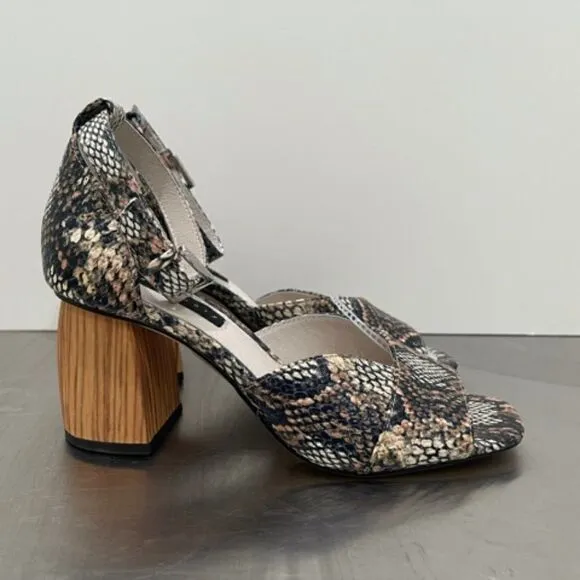 New Sanctuary Roll Sandals Snake Skin Black Brown Cream Wood Looking Heel 6.5 M