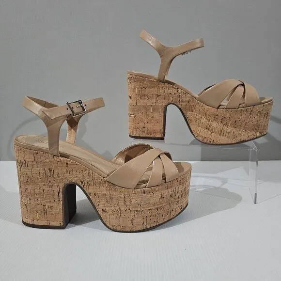 NEW Schutz Keefa Cutout Platform Heel Sandal Beige Tan Leather Cork Size 9.5