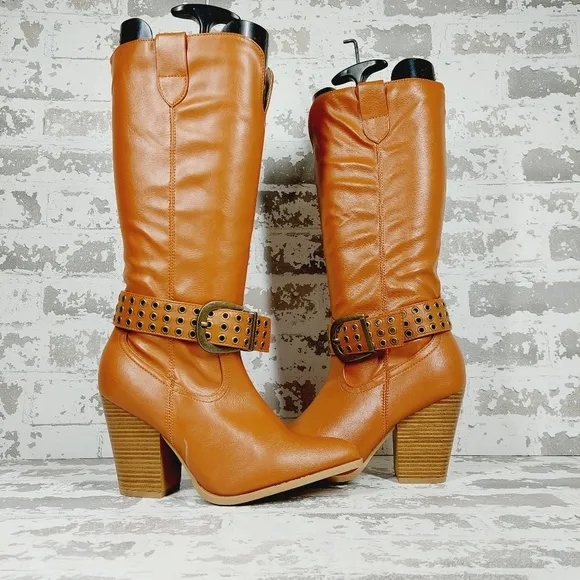 New Wild Diva Lounge Brown Pointed Toe Block Heel Pull On Western Boots K588