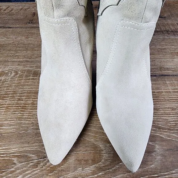 Nine West Beige Flow Leather Cowboy Stiletto Heeled Ankle Boots | Women's 8.5M