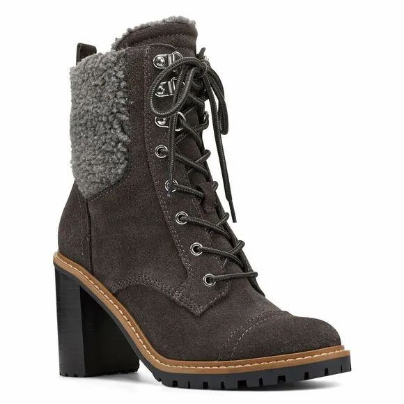 Nine West Women Block Heel Combat Booties Phaedra Size US 5.5M Dark Grey Suede