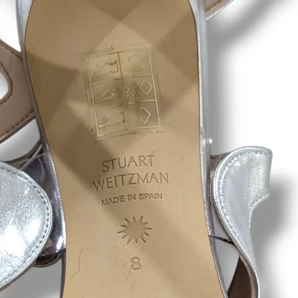 NWOB Stuart WeitzmanMariposa Leather Strappy Heel Sandals, Silver