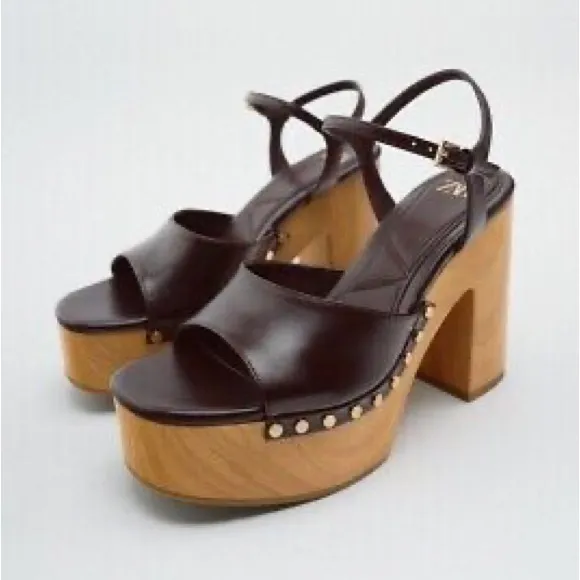 NWOT. Zara Brown Chunky Thick Heel Sandals. Size 9/EU 40.