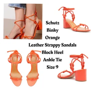 NWT! Schutz Binky Orange‎ Leather Strappy Sandals Block Heel Ankle Tie Party 9
