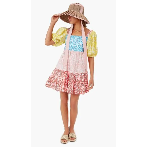 OLIPHANT Tuckernuck Canary Multi Bubble Skirt Mini Cotton Dress Puff Sleeves