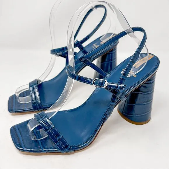 Sam Edelman Kit Blue Faux Leather Croc Embossed Block Heel Sandals, NEW, Size 9