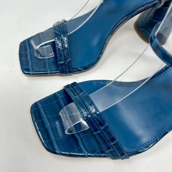 Sam Edelman Kit Blue Faux Leather Croc Embossed Block Heel Sandals, NEW, Size 9