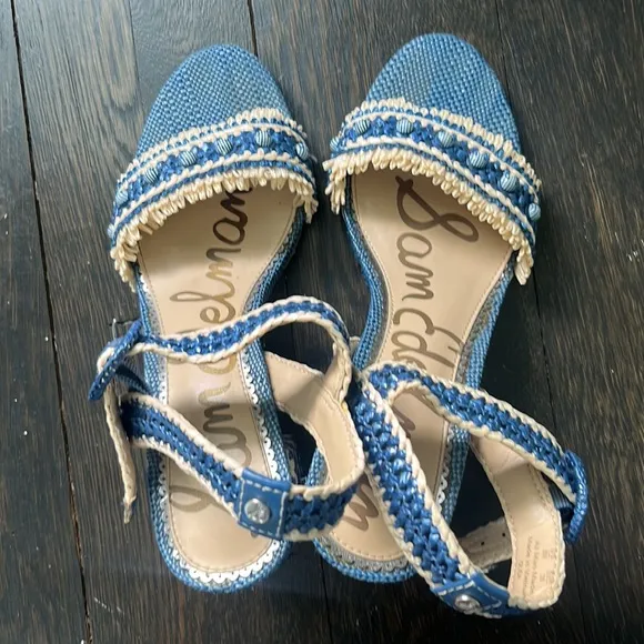 Sam Edelman Olisa Raffia Block Heel Ankle Strap Sandals in Blue- 8
