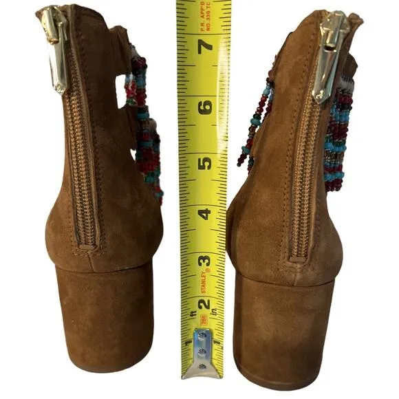 Sam Edelman Sibel Sandals Womens Size 8.5 Beige Beaded Leather Zip 3&quot; Boho NEW