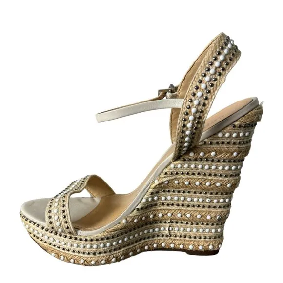 SCHUTZ Carminda Beige Espadrille Embellished Wedge Sandals Shoes Womens Size 10B