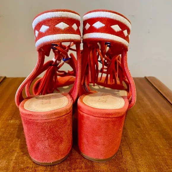 Schutz Leissel kid suede lace up sandals with tassels, red and white, sz6, EUC