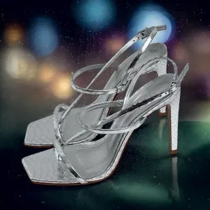 Schutz Womens Heloise Silver Metallic High Heel Square Toe Sandal Size 8