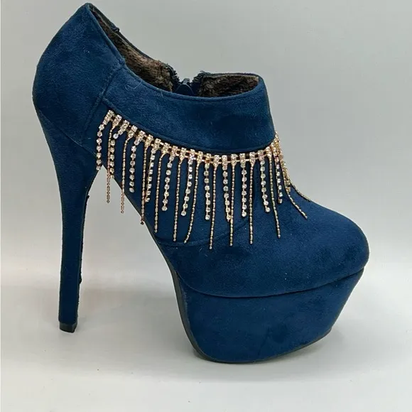 Sexy Jewel Chain Embellished Blue Suede 6”/2” Platform Booties 37/7