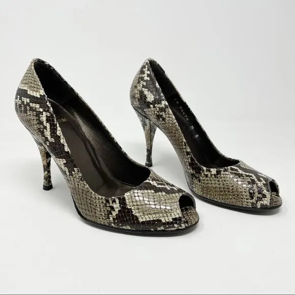 Stuart Weitzman Snakeskin Python Leather Peep Toe High Heels Shoes Black Tan 6