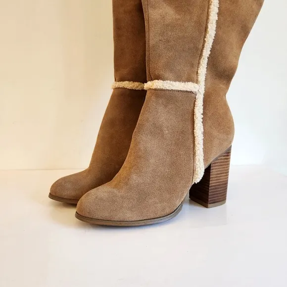 Torrid Camel Genuine Suede Shearling Trim Heel Boots Wide Width &amp; Calf 9.5
