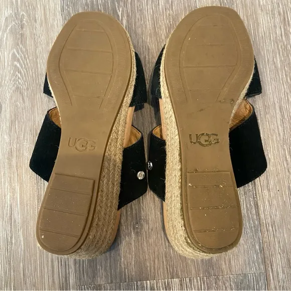 UGG Eirene Espadrille Wedge Sandals Black Suede Size 6 1/2