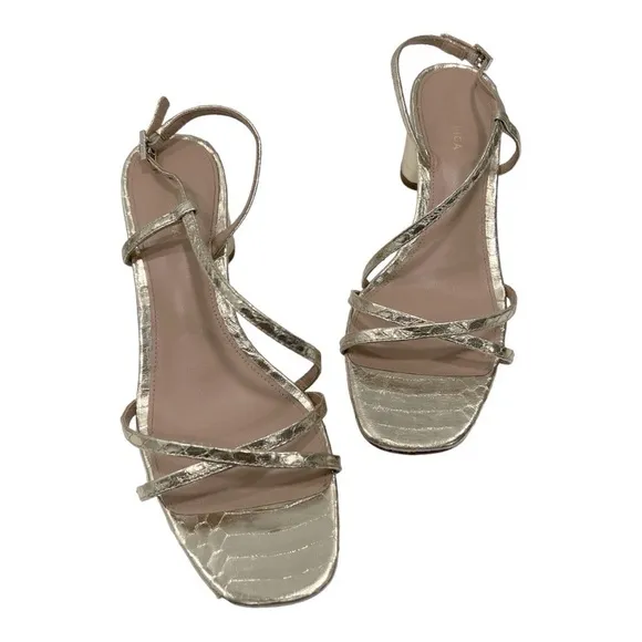 Via SpigaWomen's Roslyn Snake-Embossed Block-Heel Sandals in Gold size 6 M