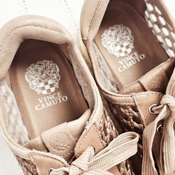 Vince Camuto Leather Open Weave Platform Sneakers Shoes Reanu Taupe NIB 8.5