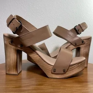 Vince Wooden High Heel Leather Platform Sandals Beige Made in Italy 9M/39