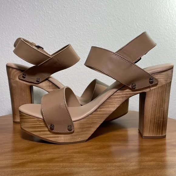 Vince Wooden High Heel Leather Platform Sandals Beige Made in Italy 9M/39