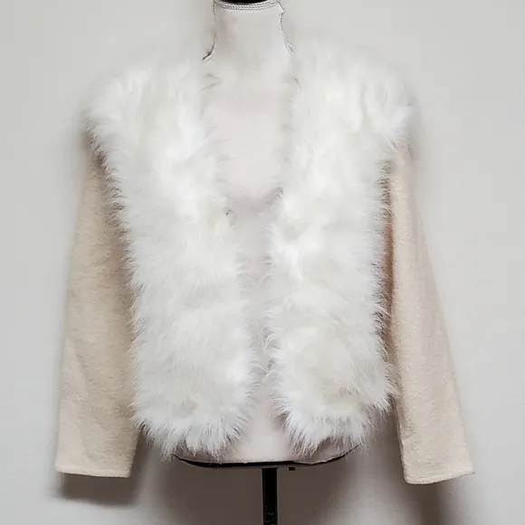 Vintage Lisa International Ivory Boiled Wool White Faux Fur Trim Cardigan Jacket