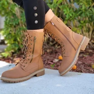 Women's Tan Lace up and‎ Ankle Mid Calf Combat Boots