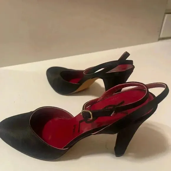 YSL Yves Saint Laurent Paris high heel open back shoes - black satin fabric